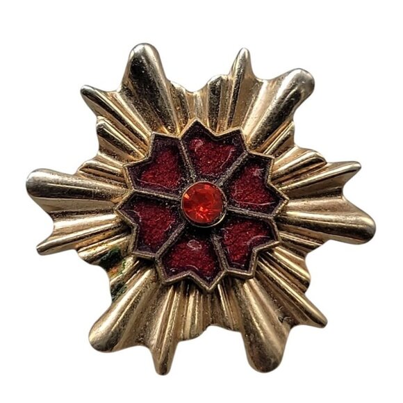 Gold Plated Star Burst Brooch Flower Center Red Rhinestone Accenr Vintage - Picture 8 of 8